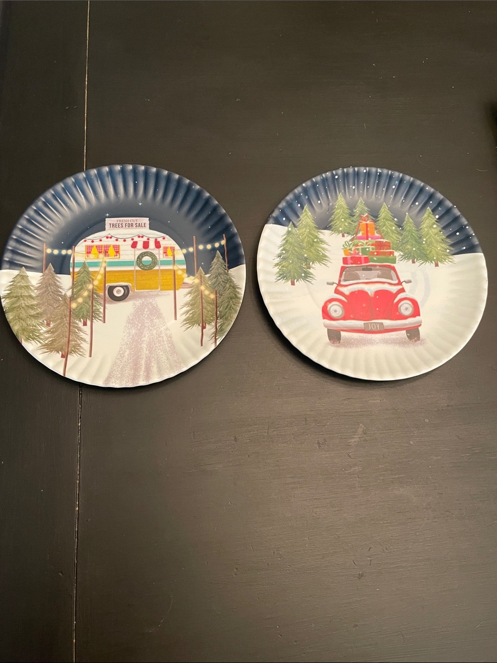 Set of 2 ONE HUNDRED 80 DEGREES Melamine Christmas Holiday Plates Camper Truck